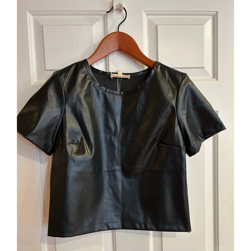 Anthropologie Faux Leather Black Short Sleeve Top